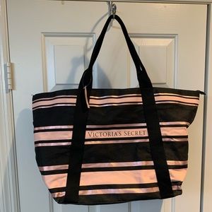 Large VS Victoria’s Secret Tote Bag Black & Pink Striped Zip Tote